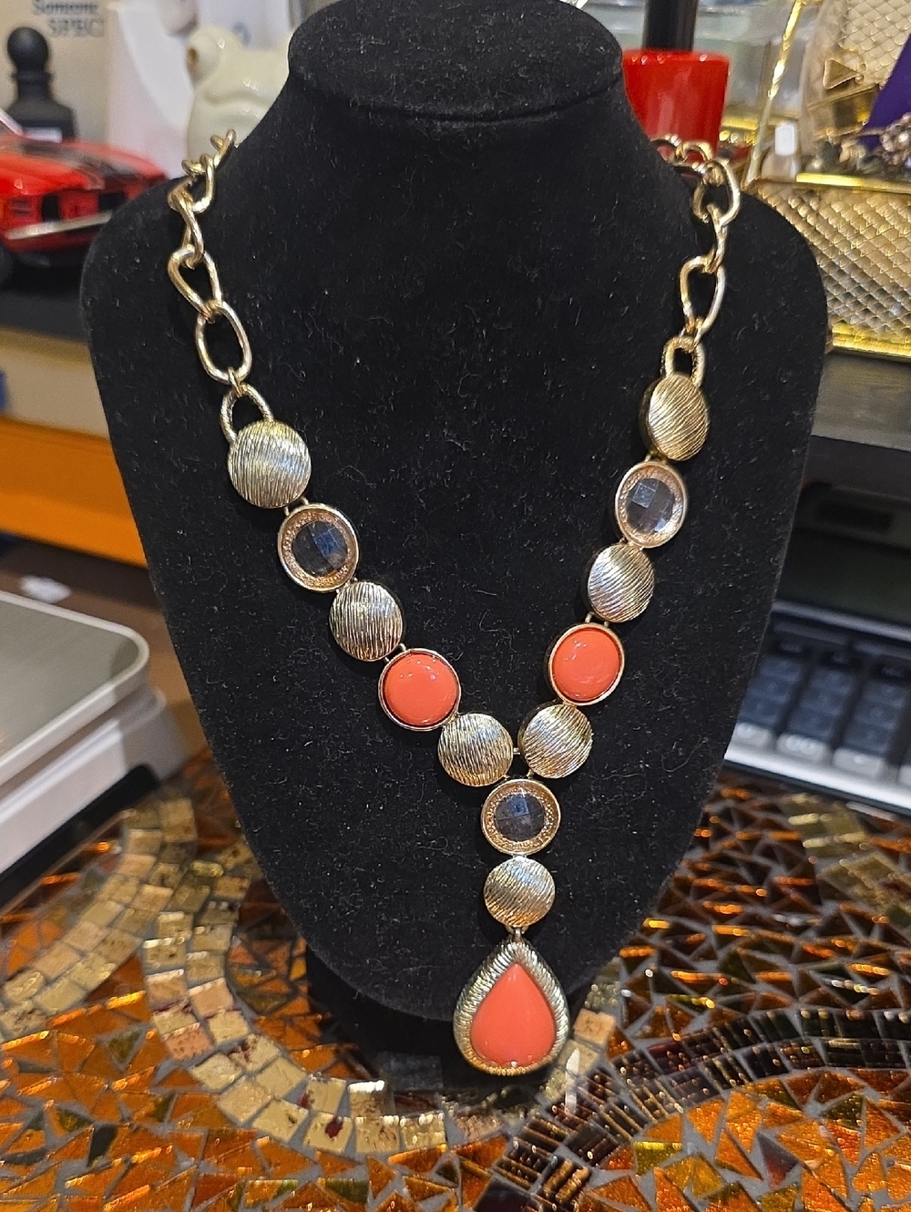 Trifari Gold-Tone Necklace with Coral and Blue Accents